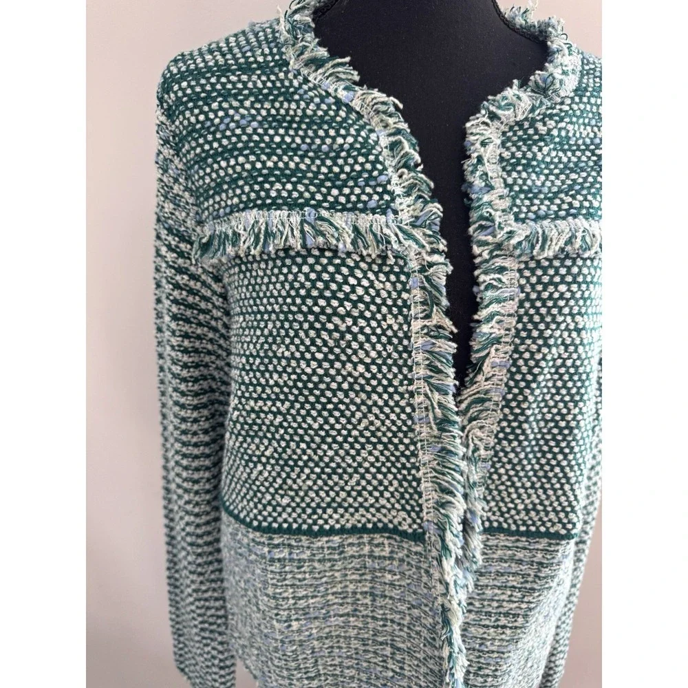 Chicos Structured Tweed Cardigan Blazer‎ size 1 Medium Blue Fringe Wool Blend